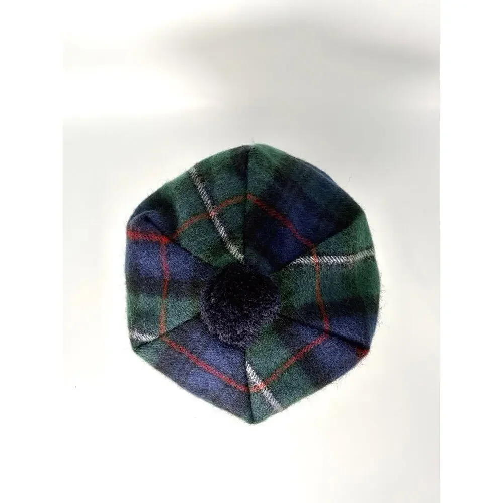 Scottish Lochcarron wool beanie hat Highlander plaid tam pom grn blu red wht NWT